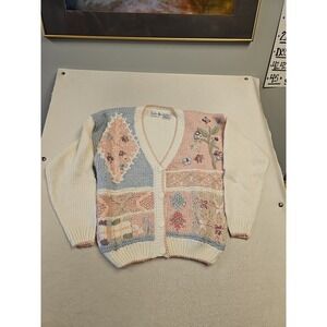 Vintage Cardigan Mediu  Embroidery Floral Cottage-Core Button Front Sweater